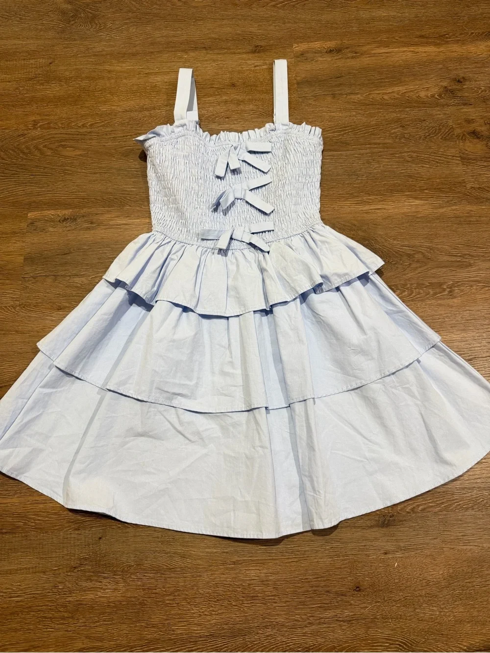 Baby Pink Blue Smocked Bow Tiered Mini Dress Size Small Coquette Cottagecore - Picture 2 of 9